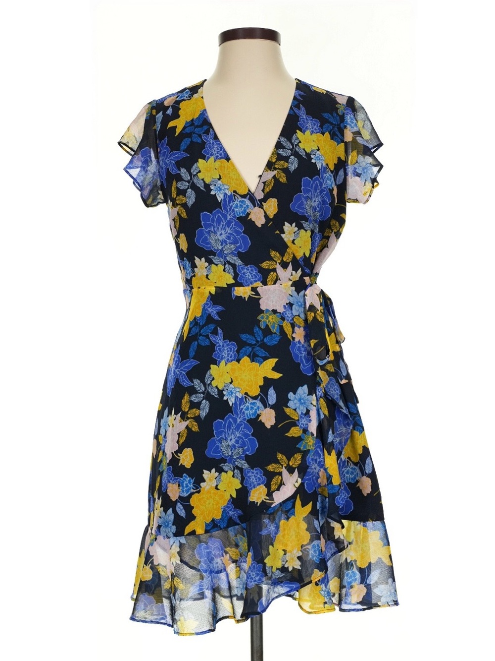 Banana Republic Navy Floral Wrap Dress with Blue & Yellow Blooms